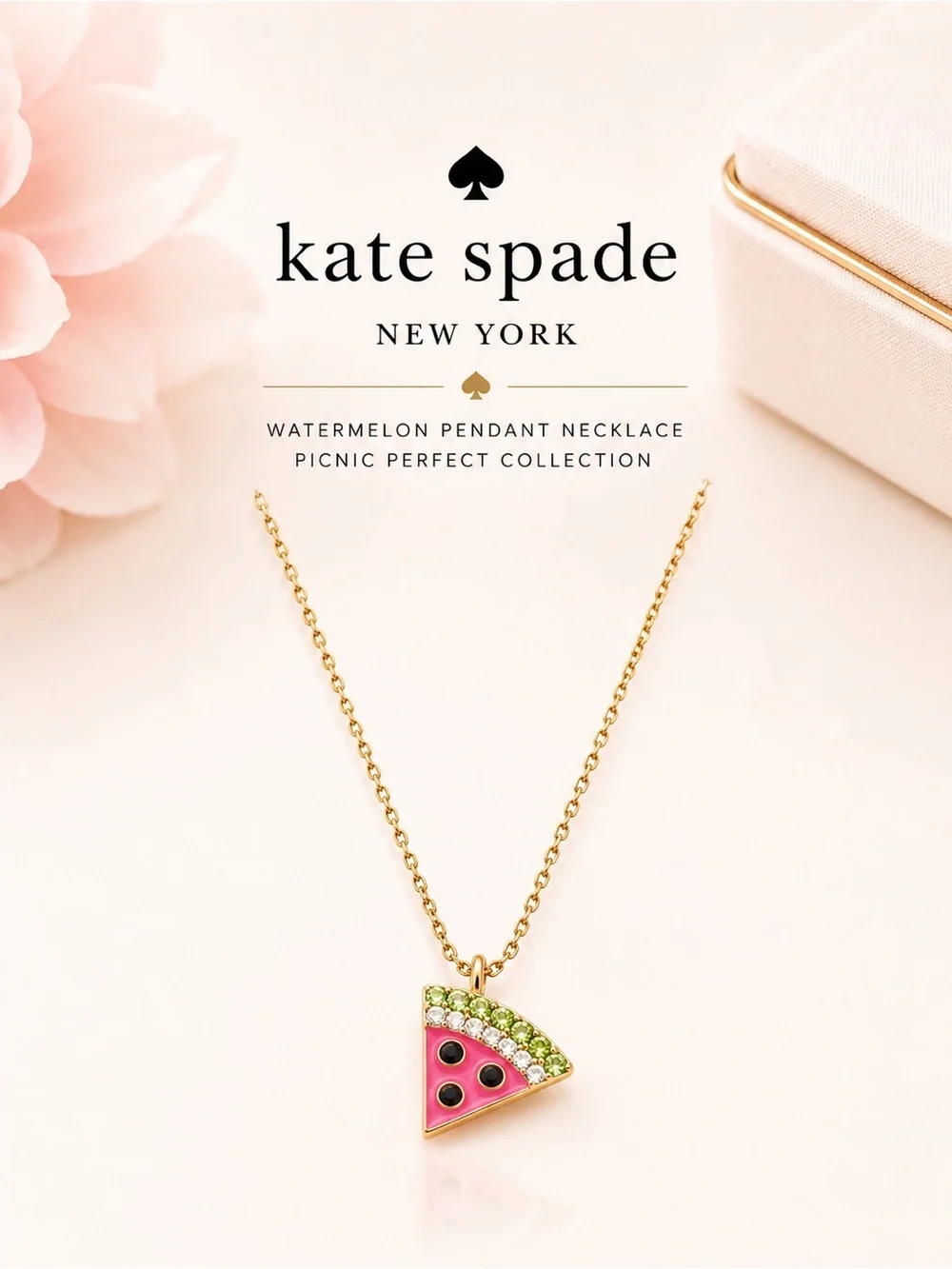 Kate Spade Picnic Perfect Watermelon Pendant Necklace NWT Gold Enamel Crystal